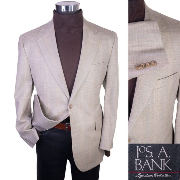 Jos A Bank Blazer Sz 40S Plaid Beige Sports Coat Suit Jacket Wool/Silk EUC - Picture 1 of 13